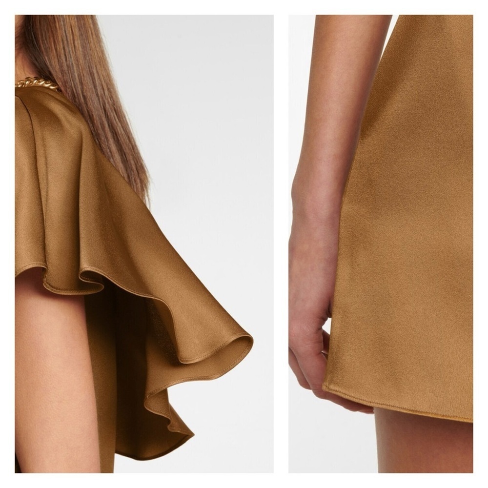 Saint Laurent Gold Satin One Shoulder Ruffle Mini Dress FR 38 US 6 NWT Cocktail - Picture 4 of 16